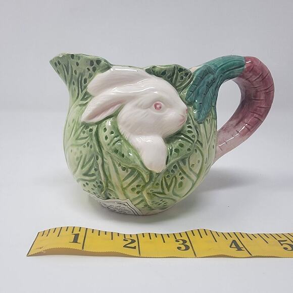 Vintage Bunny Lane By Strata White Rabbit Green Cabbage Easter Tea Pot W/ Lid - Picture 5 of 16